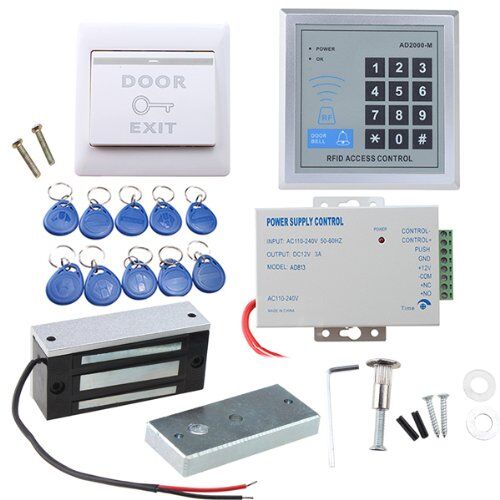 AGPtek Sistema de control de acceso a puerta, kit de seguridad RFID para el hogar con cerradura electromagnética de 60 kg, fuente de alimentación, teclado de entrada de puerta de proximidad, botón de salida de 10 llaveros