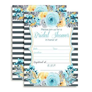 Amanda Creation Acuarela flores, color azul, gris y dorado Bridal ducha Fill en invitaciones 10 unidades incluidas sobres
