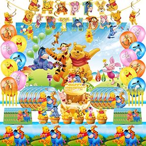 MAYJAI Winnie The Pooh Birthday Party Supplies, Include Happy Birthday Banner, Background, Hanging Swirls Decorations, Latex Balloons, Plates, Cutlery, Napkins, Cake Topper and Table Cover, Great Birthday and Baby Shower Tableware and Decorations Set