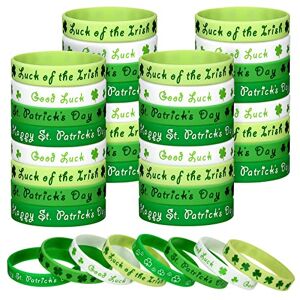 Wettarn 48 pulseras de goma para el día de San Patricio, pulseras de trébol del día de San Patricio, pulseras irlandesas de trébol verde, suministros de fiesta del día de San Patricio