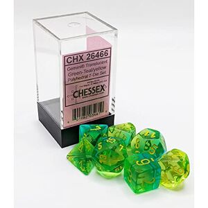 Chessex Juego de Dados Géminis de 16 mm: Verde translúcido, Verde Azulado/Amarillo Dungeons and Dragons D&D DND TTRPG Incluye 7 Dados D4 D6 D8 D10 D12 D20 D%