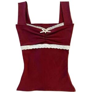 Cynefoa Y2K playera corta de malla floral para mujer, cuello en V, tirantes delgados, estilo clásico, playera sin mangas, chaleco estético, dulce y preparado para salir, Rojo -, Medium Cynefoa Y2K playera corta de malla floral para mujer, cuello en V, tirantes delgados, estilo clásico, playera sin mangas, chaleco estético, dulce y preparado para salir, Rojo -, Medium