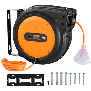 VEVOR Carrete de cable de extensión retráctil , 65 pies, cable de alimentación SJTOW de 12 AWG/3C de alta resistencia, con salida de grifo triple iluminada, disyuntor de 15 amperios VEVOR Carrete de cable de extensión retráctil , 65 pies, cable de alimentación SJTOW de 12 AWG/3C de alta resistencia, con salida de grifo triple iluminada, disyuntor de 15 amperios