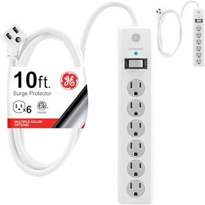 GE Tira Multicontactos De 6 Salidas Con Supresor De Picos Y Enchufe Plano, Cable De Extensión De 3.0 Metros (10 Pies),800 Julios, Cubiertas De Seguridad Con Giro Para Cerrar,Blanco,2 Unidades, 46862-1 GE Tira Multicontactos De 6 Salidas Con Supresor De Picos Y Enchufe Plano, Cable De Extensión De 3.0 Metros (10 Pies),800 Julios, Cubiertas De Seguridad Con Giro Para Cerrar,Blanco,2 Unidades, 46862-1