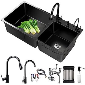 MIMRTIMI Fregadero De Cocina de Doble Tazón Negro Fregadero de cocina de Acero Inoxidable 304, Fregadero De Barra con Grifo extraíble 3 en 1 MIMRTIMI Fregadero De Cocina de Doble Tazón Negro Fregadero de cocina de Acero Inoxidable 304, Fregadero De Barra con Grifo extraíble 3 en 1