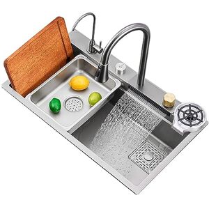 LINHOME Fregadero de cocina, fregadero en cascada de acero inoxidable 304 gris Gunmetal, fregadero cuadrado de un seno para uso doméstico con lavavasos y grifo extraíble en cascada (Size : 80 * 45 * 22cm) LINHOME Fregadero de cocina, fregadero en cascada de acero inoxidable 304 gris Gunmetal, fregadero cuadrado de un seno para uso doméstico con lavavasos y grifo extraíble en cascada (Size : 80 * 45 * 22cm)
