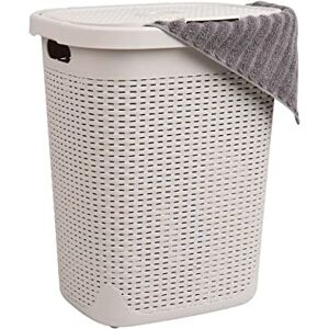 Mind Reader 50L Slim Laundry Hamper, Clothes Basket, Lid, Wicker Design, Plastic, 17.65" L x 13.75" W x 21" H, Ivory Mind Reader 50L Slim Laundry Hamper, Clothes Basket, Lid, Wicker Design, Plastic, 17.65" L x 13.75" W x 21" H, Ivory