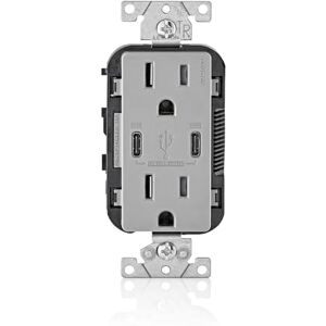 Leviton 004-T5635-00G Combinación Contacto Doble a Prueba de Manipulaciones y Contacto USB tipo C/C, Gris Leviton 004-T5635-00G Combinación Contacto Doble a Prueba de Manipulaciones y Contacto USB tipo C/C, Gris