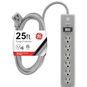 GE Tira Multicontactos De 6 Salidas con Supresor De Picos Y Enchufe Plano, Cable De Extensión De 7.6 Metros (25 Pies), 800 Julios, Cubiertas De Seguridad con Giro para Cerrar, Gris, 1 Unidad, 62470 GE Tira Multicontactos De 6 Salidas con Supresor De Picos Y Enchufe Plano, Cable De Extensión De 7.6 Metros (25 Pies), 800 Julios, Cubiertas De Seguridad con Giro para Cerrar, Gris, 1 Unidad, 62470