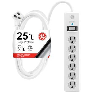 GE 6-Outlet Sur Protector, 25 Ft Extension Cord, Power Strip, 800 Joules, Flat Plug, Twist-to-Close Safety Covers, Protected Indicator Light, UL Listed, White, 61291 GE 6-Outlet Sur Protector, 25 Ft Extension Cord, Power Strip, 800 Joules, Flat Plug, Twist-to-Close Safety Covers, Protected Indicator Light, UL Listed, White, 61291