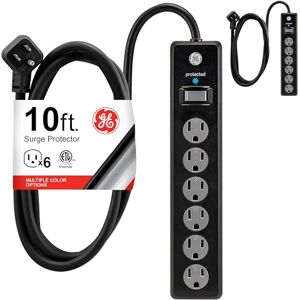 GE 6-Outlet Sur Protector, 2 Pack, 10 Ft Extension Cord, Power Strip, 600 Joules, Flat Plug, Twist-to-Close Safety Covers, Protected Indicator Light, UL Listed, Black, 54646 GE 6-Outlet Sur Protector, 2 Pack, 10 Ft Extension Cord, Power Strip, 600 Joules, Flat Plug, Twist-to-Close Safety Covers, Protected Indicator Light, UL Listed, Black, 54646