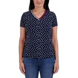 Tommy Hilfiger playera con cuello en V para mujer, bandera bordada de la marca, silueta de manga casquillo Escote en V, marino, X-Large Tommy Hilfiger playera con cuello en V para mujer, bandera bordada de la marca, silueta de manga casquillo Escote en V, marino, X-Large