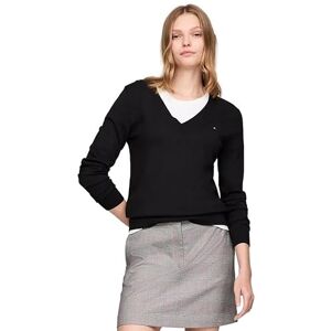 Tommy Hilfiger Suéter ligero con cuello en V para mujer, Negro básico., Small Tommy Hilfiger Suéter ligero con cuello en V para mujer, Negro básico., Small