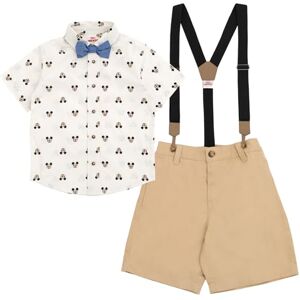Disney Mickey Mouse Conjunto de 4 piezas con tirantes y corbata de lazo para bebés y niños pequeños, Camisa de manga corta y pantalones cortos beige, 7-8 Disney Mickey Mouse Conjunto de 4 piezas con tirantes y corbata de lazo para bebés y niños pequeños, Camisa de manga corta y pantalones cortos beige, 7-8