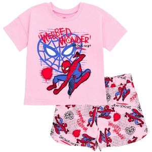 Marvel Spider-Man Conjunto de playera y pantalones cortos de rizo francés para niñas de niño a niño grande, Rosado, 4 Años Marvel Spider-Man Conjunto de playera y pantalones cortos de rizo francés para niñas de niño a niño grande, Rosado, 4 Años