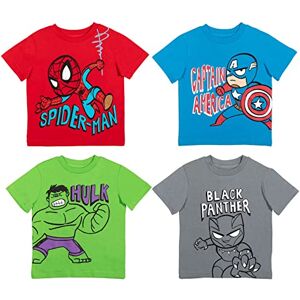 Marvel Vengadores Guardianes de la Galaxia para niños, paquete de 4 camisetas de manga corta, Hulk, Black Panther, Spiderman, Capitán América, 2 Años Marvel Vengadores Guardianes de la Galaxia para niños, paquete de 4 camisetas de manga corta, Hulk, Black Panther, Spiderman, Capitán América, 2 Años