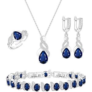 LMXXVJ Juego de joyas para mujer, con forma de lágrima, circonita cúbica, collar, aretes, anillo ajustable, conjunto de joyas, regalo formal, Cobre, Zafiro azul artificial LMXXVJ Juego de joyas para mujer, con forma de lágrima, circonita cúbica, collar, aretes, anillo ajustable, conjunto de joyas, regalo formal, Cobre, Zafiro azul artificial