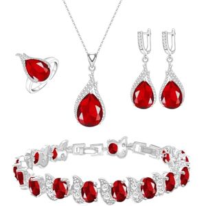 LMXXVJ Juego de joyas para mujer, con forma de lágrima, circonita cúbica, collar, aretes, anillo ajustable, conjunto de joyas, regalo formal, Cobre, Rubí sintético LMXXVJ Juego de joyas para mujer, con forma de lágrima, circonita cúbica, collar, aretes, anillo ajustable, conjunto de joyas, regalo formal, Cobre, Rubí sintético