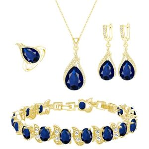 LMXXVJ Juego de joyas para mujer, con forma de lágrima, circonita cúbica, collar, aretes, anillo ajustable, conjunto de joyas, regalo formal, Cobre, Zafiro azul artificial LMXXVJ Juego de joyas para mujer, con forma de lágrima, circonita cúbica, collar, aretes, anillo ajustable, conjunto de joyas, regalo formal, Cobre, Zafiro azul artificial