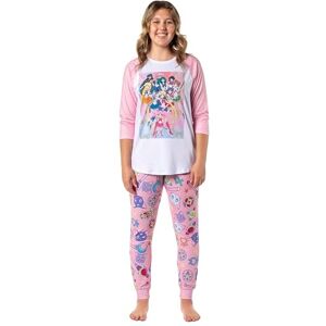 Bioworld Pijama de Sailor Moon para mujer, con póster de personajes, camisa raglán y pantalones deportivos, Rosado, XXL Bioworld Pijama de Sailor Moon para mujer, con póster de personajes, camisa raglán y pantalones deportivos, Rosado, XXL