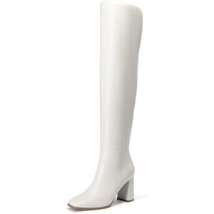DREAM PAIRS Botas altas por encima de la rodilla para mujer, con tacón grueso, hasta la rodilla, con puntera cuadrada y cierre lateral, Blanco, 28 cm DREAM PAIRS Botas altas por encima de la rodilla para mujer, con tacón grueso, hasta la rodilla, con puntera cuadrada y cierre lateral, Blanco, 28 cm