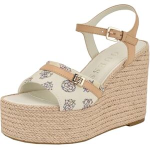 GUESS Taani Sandalias de cuña para mujer, Blanco/Beige Rainbow Logo 140, 24 GUESS Taani Sandalias de cuña para mujer, Blanco/Beige Rainbow Logo 140, 24