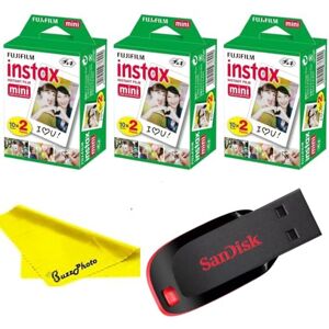 Fujifilm Instax Mini película de cámara instantánea con Sandisk 32 GB USB Flash Drive + 3 mini paquetes gemelos (60 hojas) y paño de limpieza de microfibra Buzz-Photo Fujifilm Instax Mini película de cámara instantánea con Sandisk 32 GB USB Flash Drive + 3 mini paquetes gemelos (60 hojas) y paño de limpieza de microfibra Buzz-Photo