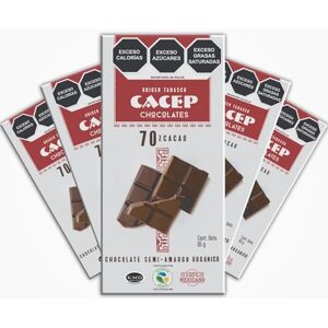 CACEP Chocolate Orgánico Semi Amargo 70% cacao 5 Pack barras de 85g c/u Bajo en azúcar Sin lácteos Vegano Snack Saludable CACEP Chocolate Orgánico Semi Amargo 70% cacao 5 Pack barras de 85g c/u Bajo en azúcar Sin lácteos Vegano Snack Saludable