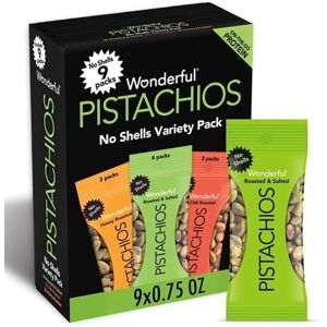 Wonderful Pistachios, Pistaches Sin Cáscara, Multipack Variado, 21g, Paquete de 9 Bolsas, 4 Tostados con Sal, 3 Tostados Picantes y 2 Miel Tostado, Snack Wonderful Pistachios, Pistaches Sin Cáscara, Multipack Variado, 21g, Paquete de 9 Bolsas, 4 Tostados con Sal, 3 Tostados Picantes y 2 Miel Tostado, Snack