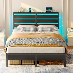 Rolanstar Marco de Cama tamaño Queen con estación de Carga USB, Marco de Cama LED con cabecera de Almacenamiento de Madera, Plataforma de Metal Negro con Almacenamiento Debajo de la Cama, no Rolanstar Marco de Cama tamaño Queen con estación de Carga USB, Marco de Cama LED con cabecera de Almacenamiento de Madera, Plataforma de Metal Negro con Almacenamiento Debajo de la Cama, no
