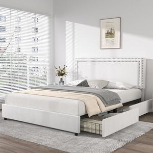 VECELO Marco de Cama tapizado de tamaño matrimonial con 4 cajones de Almacenamiento, cabecero de Remaches de Terciopelo Ajustable, Soporte de Listones de Madera, no Necesita somier, fácil Montaje VECELO Marco de Cama tapizado de tamaño matrimonial con 4 cajones de Almacenamiento, cabecero de Remaches de Terciopelo Ajustable, Soporte de Listones de Madera, no Necesita somier, fácil Montaje