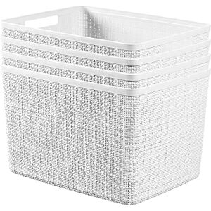 Curver Set of 4 Jute Large Decorative Plastic Organization and Storage Baskets Perfect Bins for Home Office, Closet Shelves, Kitchen Pantry and All Bedroom Essentials, White, 4 Curver Set of 4 Jute Large Decorative Plastic Organization and Storage Baskets Perfect Bins for Home Office, Closet Shelves, Kitchen Pantry and All Bedroom Essentials, White, 4