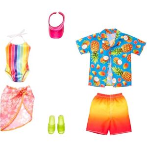 Barbie & Ken Fashions Juego de 2 Ropa y Accesorios, 1 Traje de baño, Pareo y Visera para muñeca 1 Camisa Tropical, Traje de baño y Zapatos para muñeca Ken Barbie & Ken Fashions Juego de 2 Ropa y Accesorios, 1 Traje de baño, Pareo y Visera para muñeca 1 Camisa Tropical, Traje de baño y Zapatos para muñeca Ken
