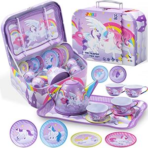 JOYIN Unicornio Juego de Té para Niñas, Juego de Tetera de Hojalata Púrpura, Juego de Té de Princesa, Juguete de Cocina con Tetera, Taza, Plato JOYIN Unicornio Juego de Té para Niñas, Juego de Tetera de Hojalata Púrpura, Juego de Té de Princesa, Juguete de Cocina con Tetera, Taza, Plato