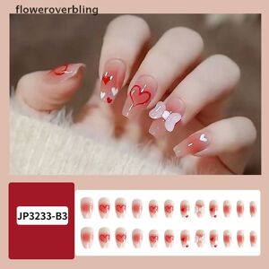 floweroverbling 24pc French False Nails Decor Pretty love Heart bow Press on Nail Manicure Patch SDR