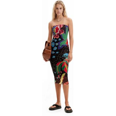 Desigual, Bandeau midi-jurk junglemotief, Polyester, Zwart, XL Desigual, Bandeau midi-jurk junglemotief, Polyester, Zwart, XL