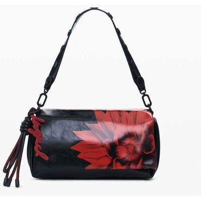 Desigual, Middelgrote schoudertas met glanzende bloem, Polyurethaan, Zwart, U Desigual, Middelgrote schoudertas met glanzende bloem, Polyurethaan, Zwart, U