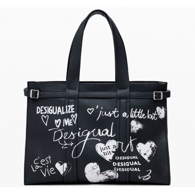 Desigual, Grote shopper tas met leerlook en letters, Polyurethaan, Zwart, U Desigual, Grote shopper tas met leerlook en letters, Polyurethaan, Zwart, U