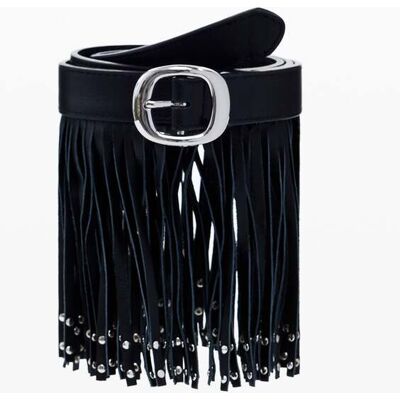 Desigual, Riem met lederlook en franjes, Cow Leather, Zwart, 85 Desigual, Riem met lederlook en franjes, Cow Leather, Zwart, 85