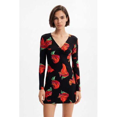 Desigual, Geribde mini-jurk bloemen, Viscose, Zwart, L Desigual, Geribde mini-jurk bloemen, Viscose, Zwart, L