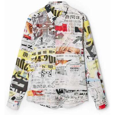 Desigual, Overhemd met Japans krantenontwerp, Katoen, Wit, XL Desigual, Overhemd met Japans krantenontwerp, Katoen, Wit, XL