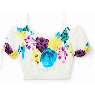 Desigual, Korte aangerimpelde blouse met bloemen M. Christian Lacroix, Dames, Viscose, Wit, XS Desigual, Korte aangerimpelde blouse met bloemen M. Christian Lacroix, Dames, Viscose, Wit, XS