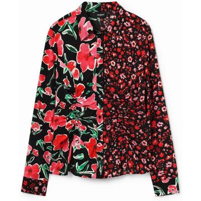 Desigual, Aangerimpelde blouse met bloemen, Dames, Viscose, Rood, XS Desigual, Aangerimpelde blouse met bloemen, Dames, Viscose, Rood, XS
