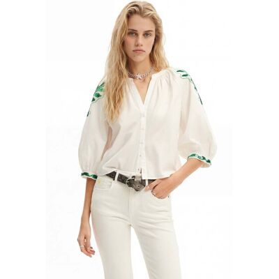 Desigual, Blouse V-hals borduursels, Dames, Katoen, Wit, XL Desigual, Blouse V-hals borduursels, Dames, Katoen, Wit, XL