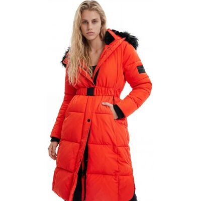 Desigual, Lange gewatteerde jas met ceintuur, Polyester, Oranje, S Desigual, Lange gewatteerde jas met ceintuur, Polyester, Oranje, S