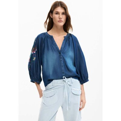 Desigual, Blouse met geborduurde pofmouwen, Dames, Lyocell, Blauw, L Desigual, Blouse met geborduurde pofmouwen, Dames, Lyocell, Blauw, L