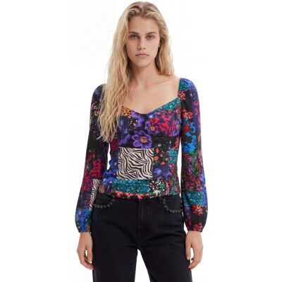 Desigual, Korset-blouse met patch, Dames, Viscose, Zwart, M Desigual, Korset-blouse met patch, Dames, Viscose, Zwart, M