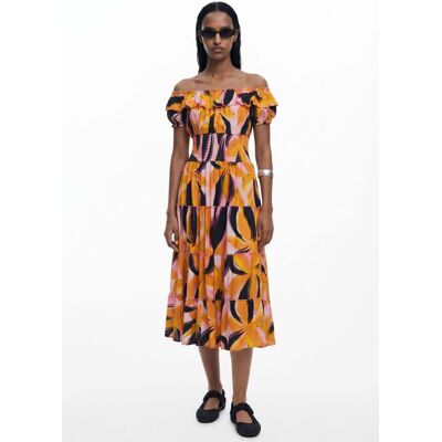 Desigual, Bardot-jurk met ruches, Viscose, Rood, L Desigual, Bardot-jurk met ruches, Viscose, Rood, L