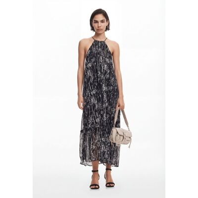 Desigual, Halterjurk met bloemenillustraties, Polyester, Zwart, L Desigual, Halterjurk met bloemenillustraties, Polyester, Zwart, L