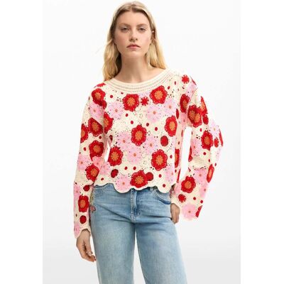 Desigual, gehaakte bloemen trui, Dames, Wit, M Desigual, gehaakte bloemen trui, Dames, Wit, M
